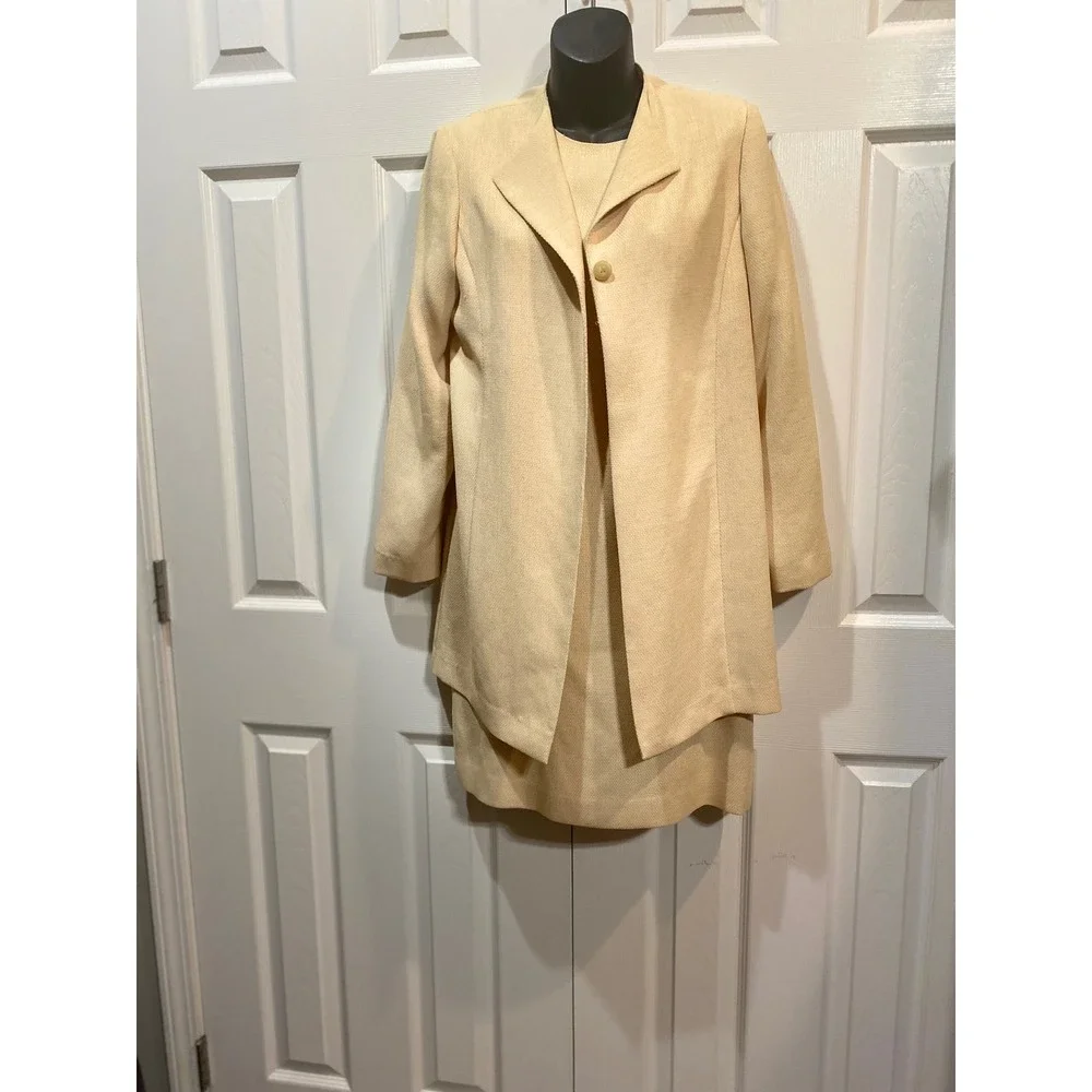 Talbots Petites Womens Suit Set Jacket Dress Beige‎ Linen Blend Size 6